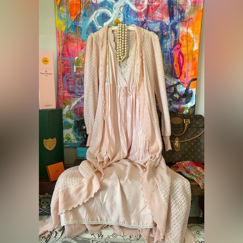 Gorgeous Rare Vintage CHRISTIAN DIOR Lingerie Set Gown Robe Soft Pink XS